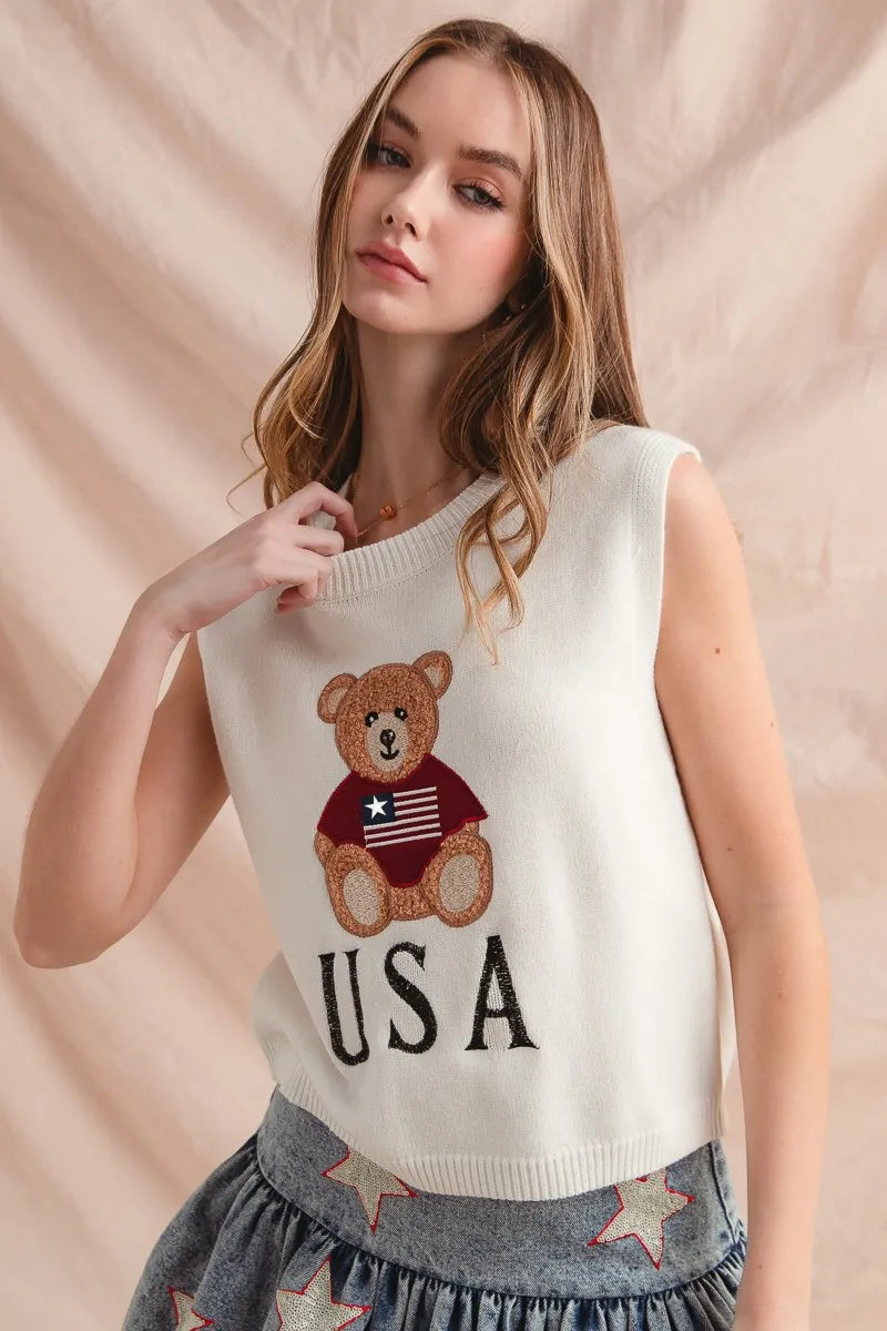 SO ME Teddy Bear Wearing An American Flag With Usa Embroidered Sweater Vest - kinko