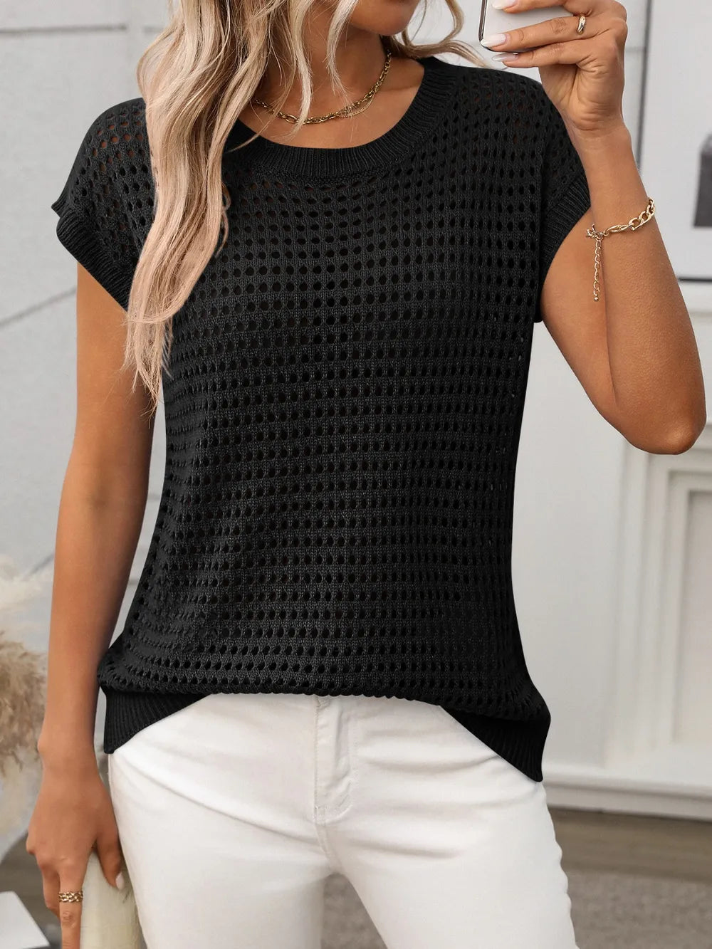 Openwork Round Neck Short Sleeve Knit Cover Up - kinko