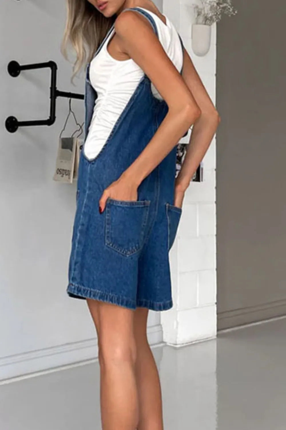 Button Front Denim Overall Shorts with Front Pockets - kinko