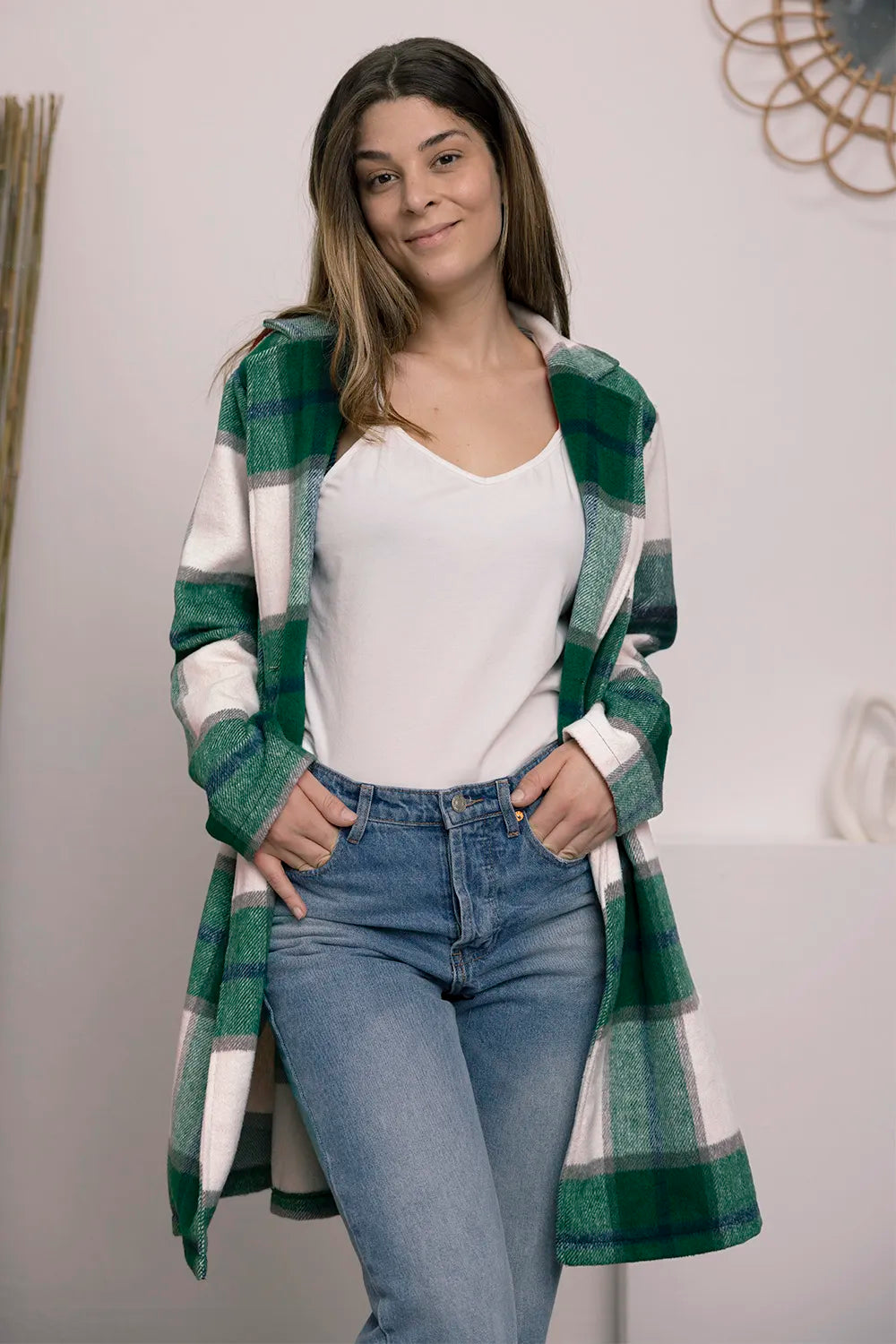 Double Take Full Size Plaid Button Up Lapel Collar Coat - kinko