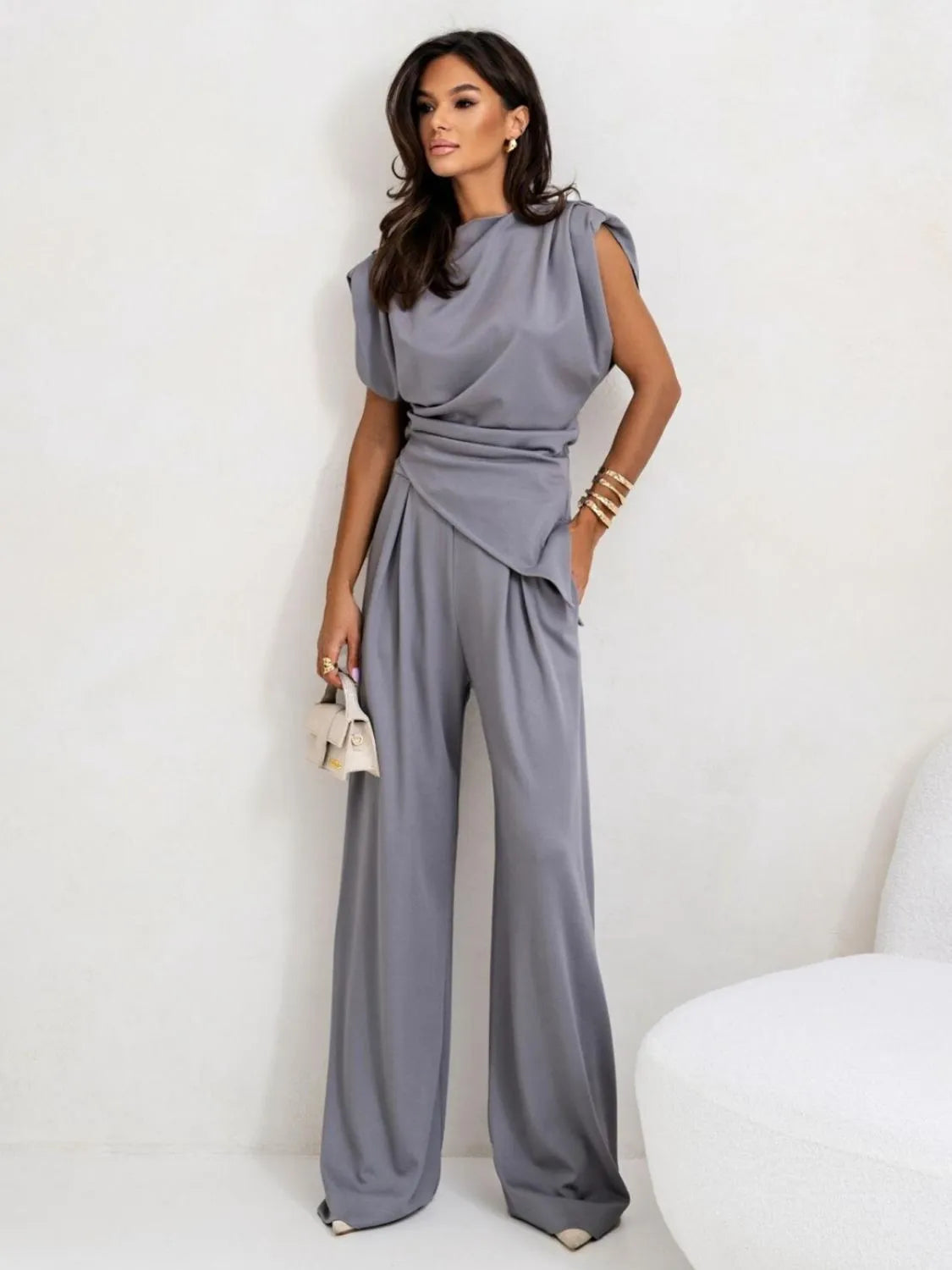 Slit Ruched Top and Wide Leg Pants Set - kinko