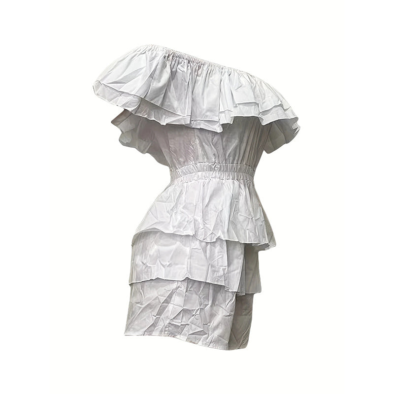 Womens Sexy Off Shoulder Rompers Summer Ruffle Short Sleeve Tiered Short Jumpsuits - kinko