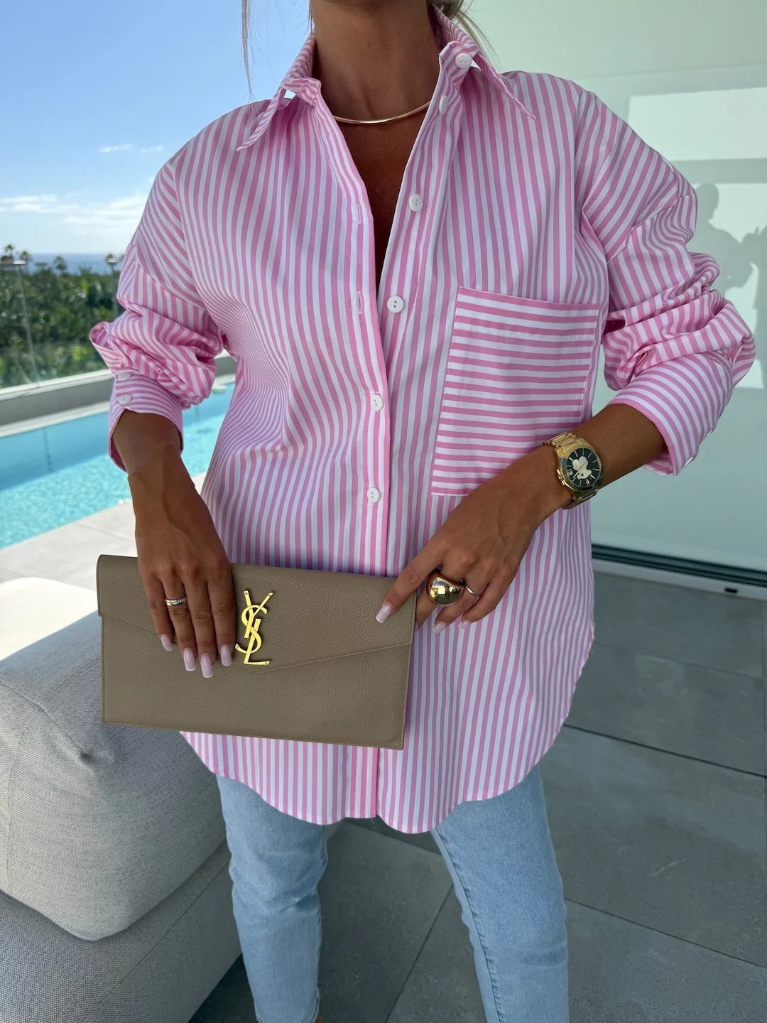 Fashion Casual Button Striped Printed Long Sleeves Shirt - kinko