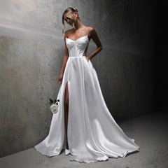 White Satin Slit Pocket Bandage Wedding Dress - kinko