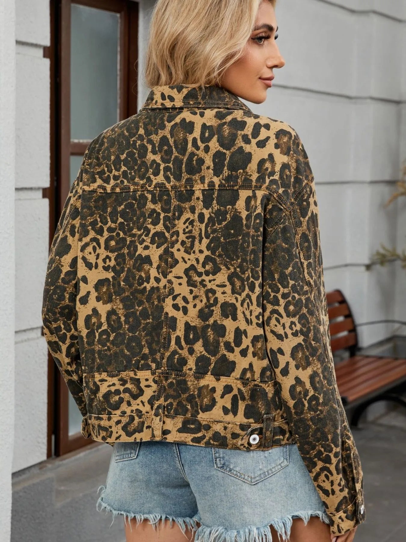 Leopard Print Button Up Denim Jacket - kinko