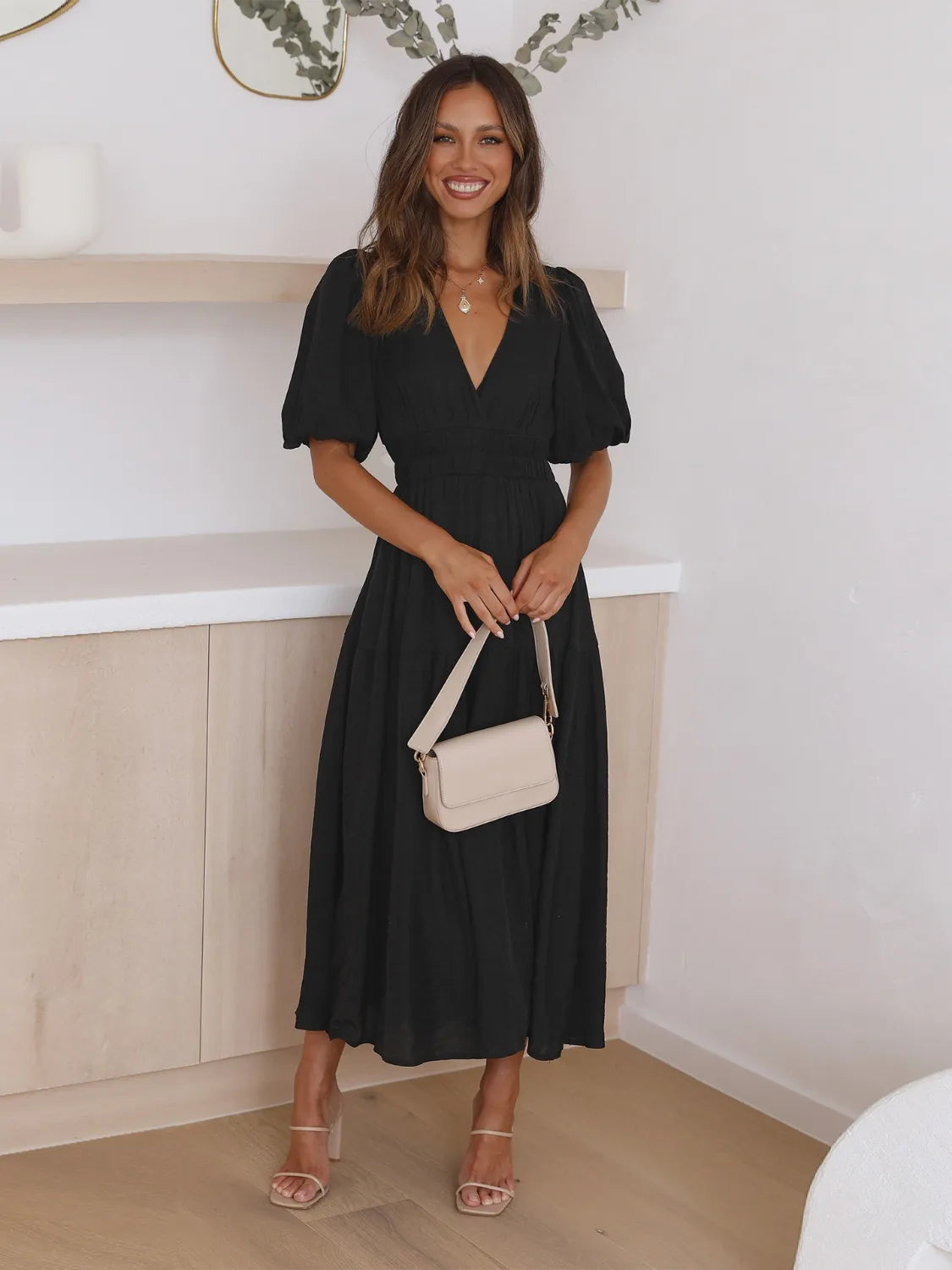 Tiered Surplice Half Sleeve Midi Dress - kinko