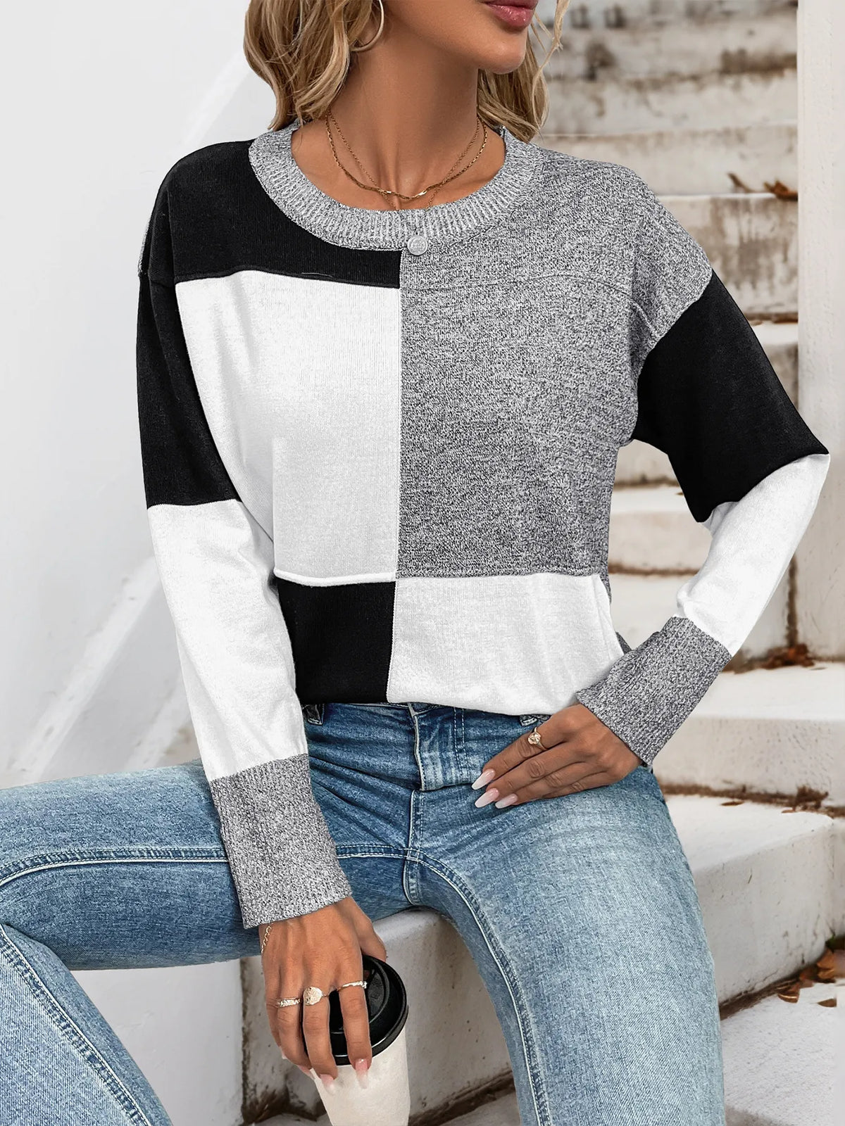 Color Block Knit Long Sleeve Sweater - kinko