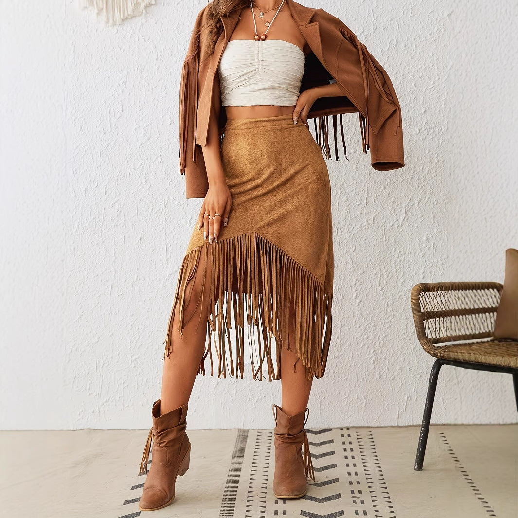Women's Tassel Edge Asymmetrical Hem Solid Color Skirt - kinko