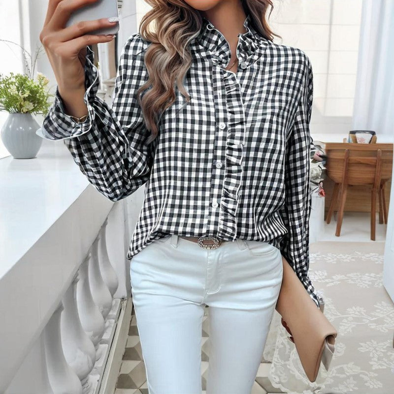 Women's French Style Checkered Button-Up Shirt - Elegant Plaid Pattern, Stand Collar With Ruffled Cuffs, Comfortable Wear - kinko