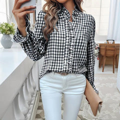 Women's French Style Checkered Button-Up Shirt - Elegant Plaid Pattern, Stand Collar With Ruffled Cuffs, Comfortable Wear - kinko