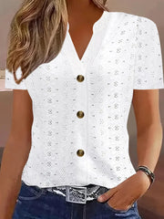 Openwork Notched Short Sleeve Top - kinko