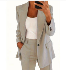 Ins Button Casual Suit Fashion Long-sleeved Lapel Blazer Jacket And Slim-fit Pocket Trousers For Women Clothing - kinko