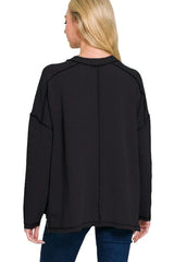 Zenana Full Size Exposed Seam Long Sleeve Corded Rib Knit Top Plus Size - kinko