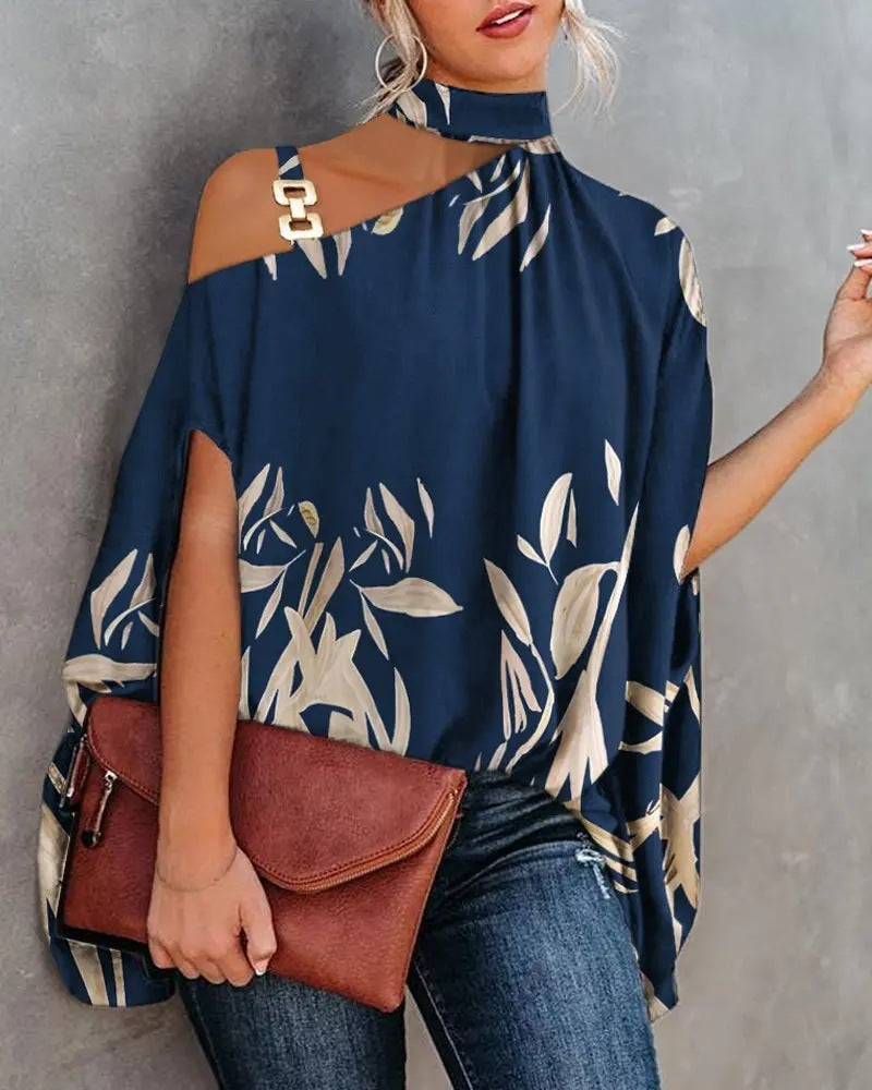 Wear Halter Shawl Printed Elegant Short Sleeve Bat Shirt - kinko
