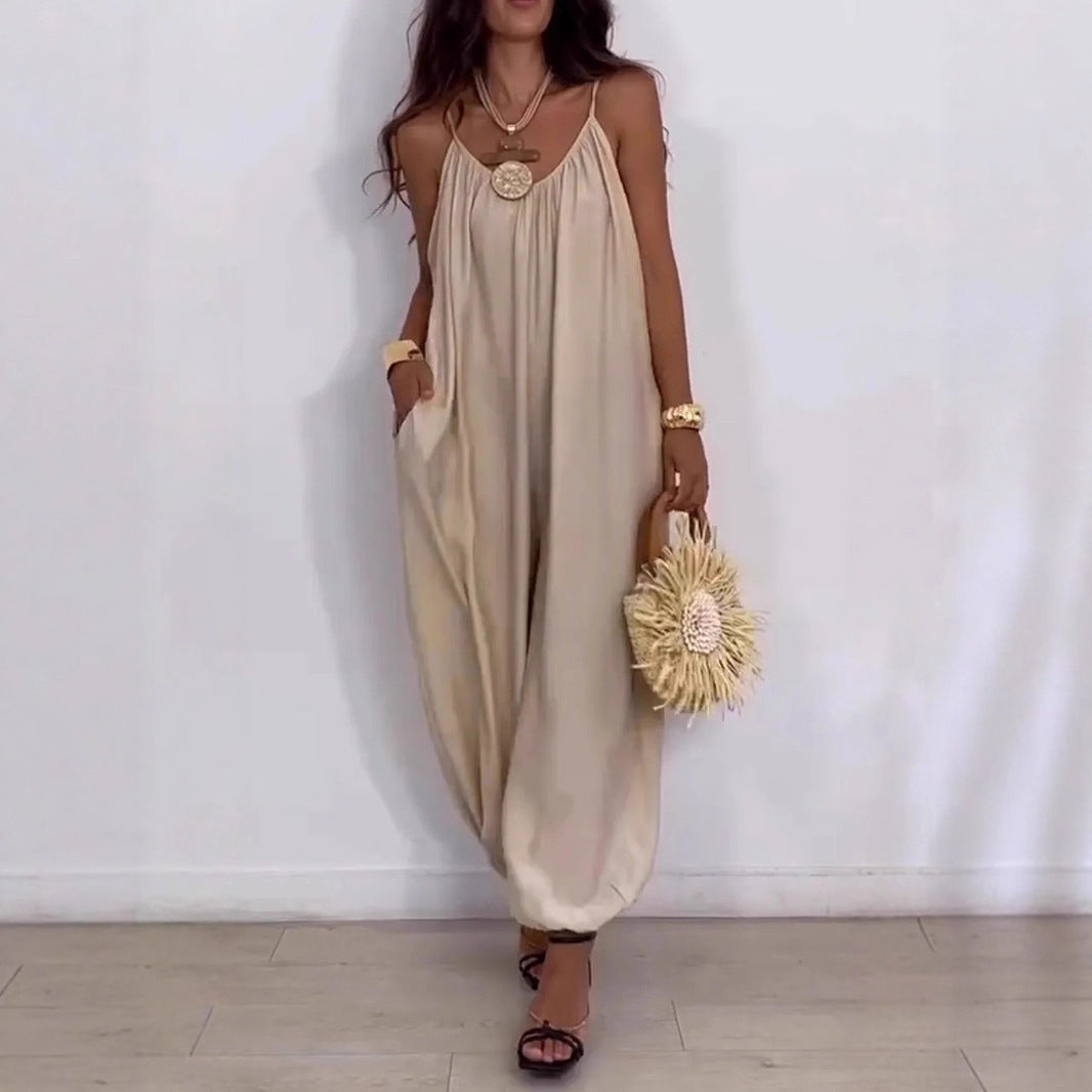 Loose Casual Solid Color Hollow-out Camisole Women's Jumpsuit - kinko