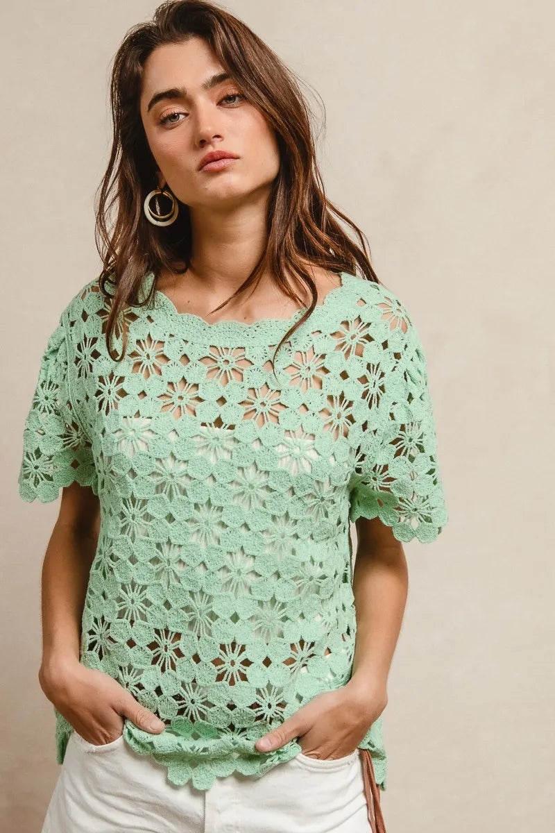 BiBi Openwork Crochet Short Sleeve Knit Top - kinko