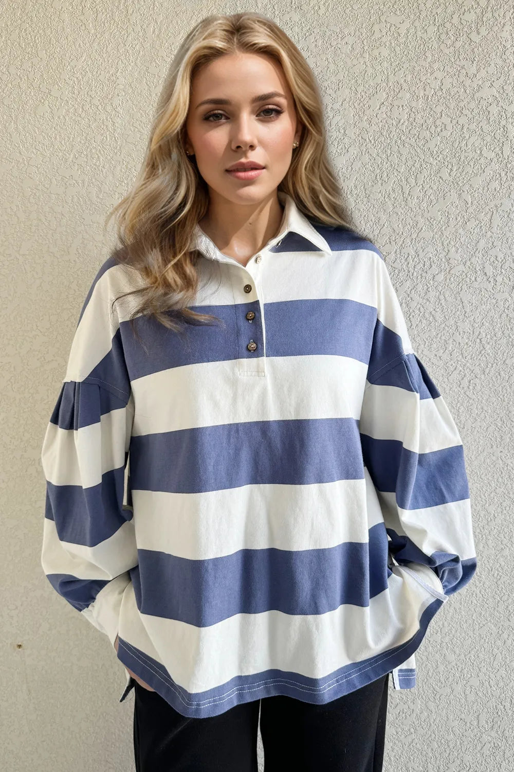 Oh Pima Cotton Wash Wide Striped Collared Neck Long Sleeve Top - kinko