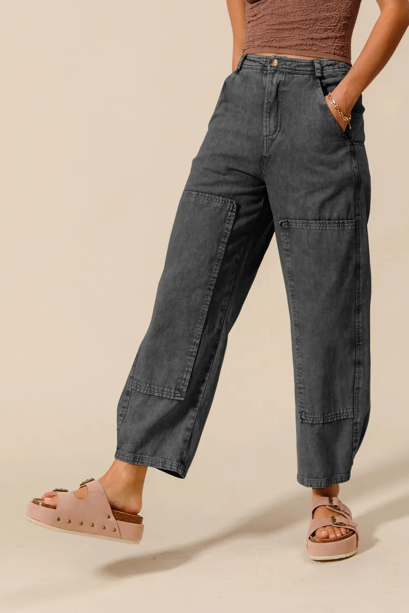 SO ME Mineral Washed Mid Rise Barrel Shape Pants - kinko