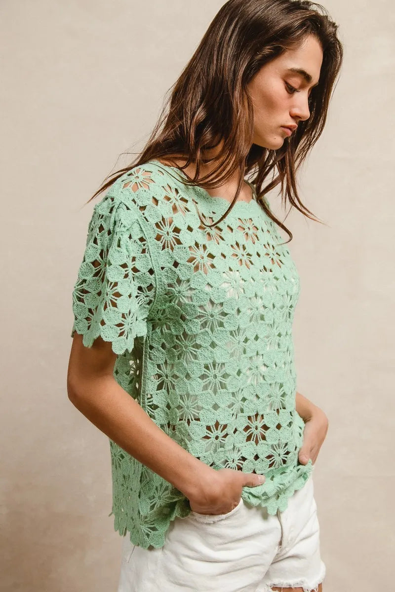 BiBi Openwork Crochet Short Sleeve Knit Top - kinko