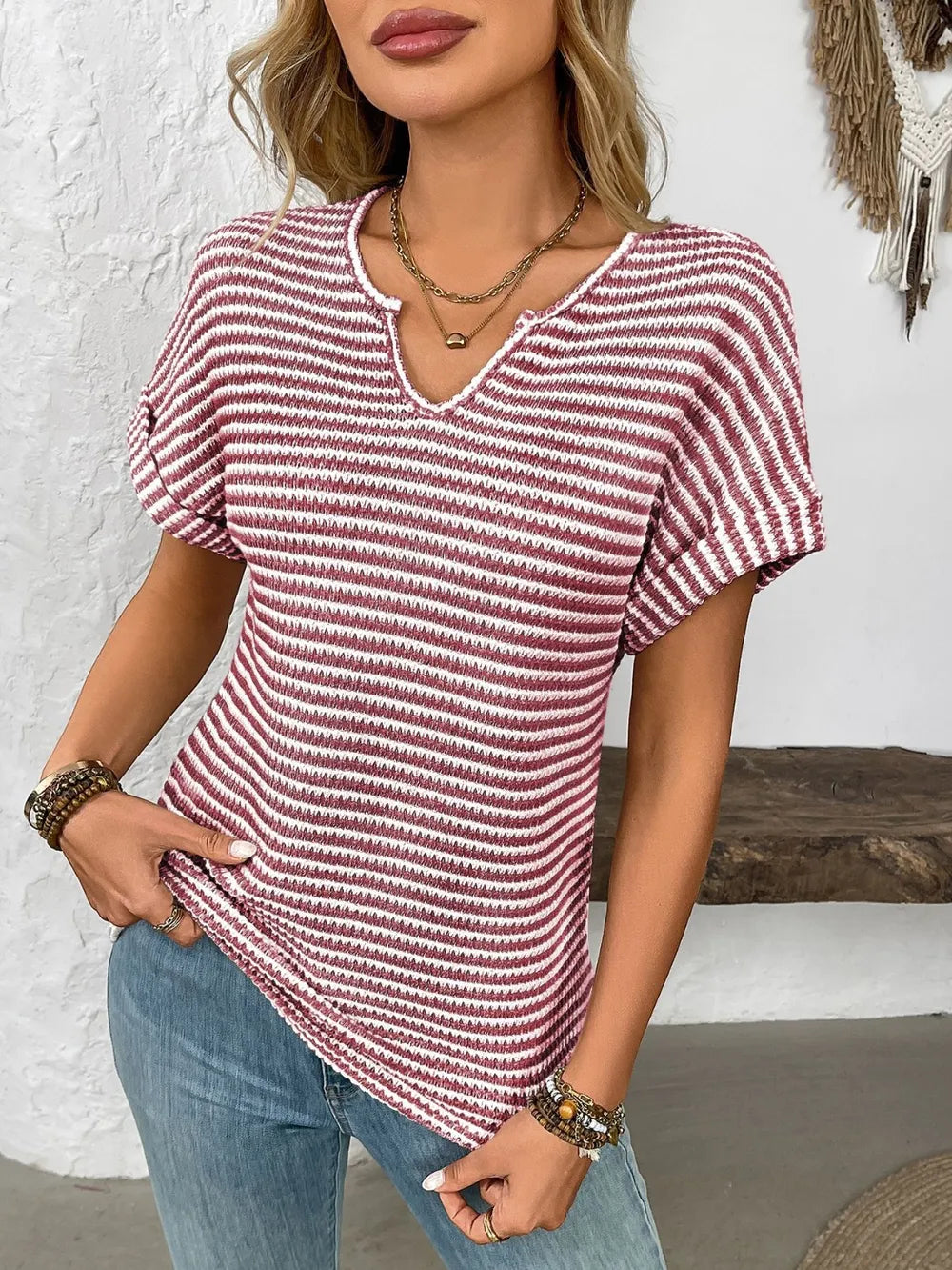 Striped Notched Short Sleeve T-Shirt - kinko