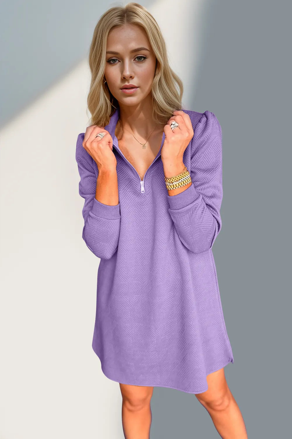 Double Take Textured Quarter Zip Long Sleeve Dress - kinko