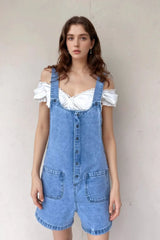 Button Front Denim Overall Shorts with Front Pockets - kinko