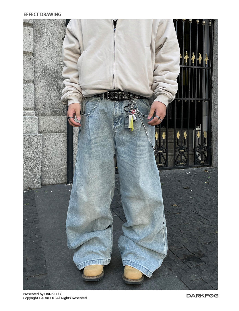 American-style Side Double-oblique Pleated Washed Wide-leg Jeans - kinko