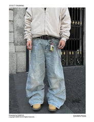 American-style Side Double-oblique Pleated Washed Wide-leg Jeans - kinko