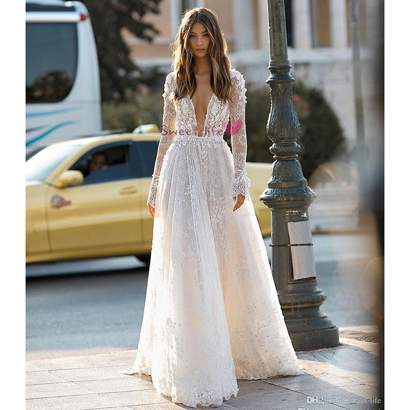 Women's Wedding Dress Lace Long Sleeve Dinner Party Gown - kinko