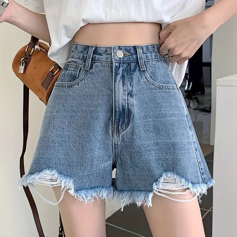 Women's Shorts Loose Thin Summer High Waist Raw Edge A-line Wide Leg Ripped Denim - kinko