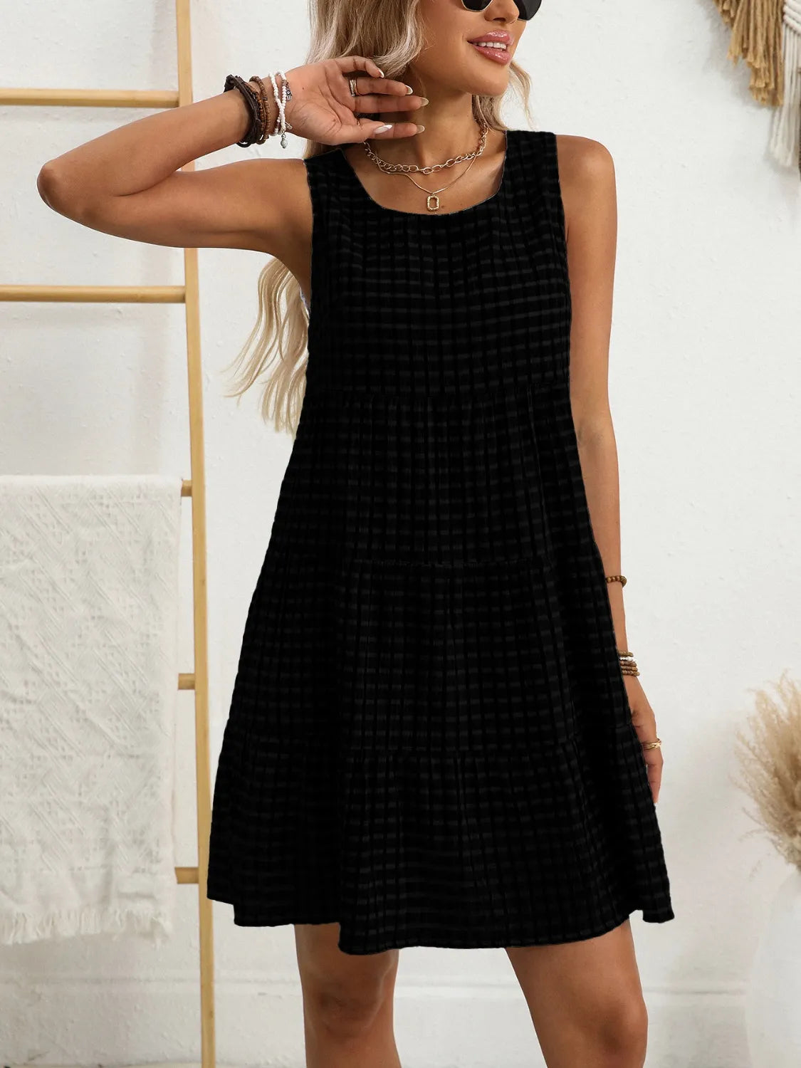 Plaid Round Neck Sleeveless Mini Dress - kinko