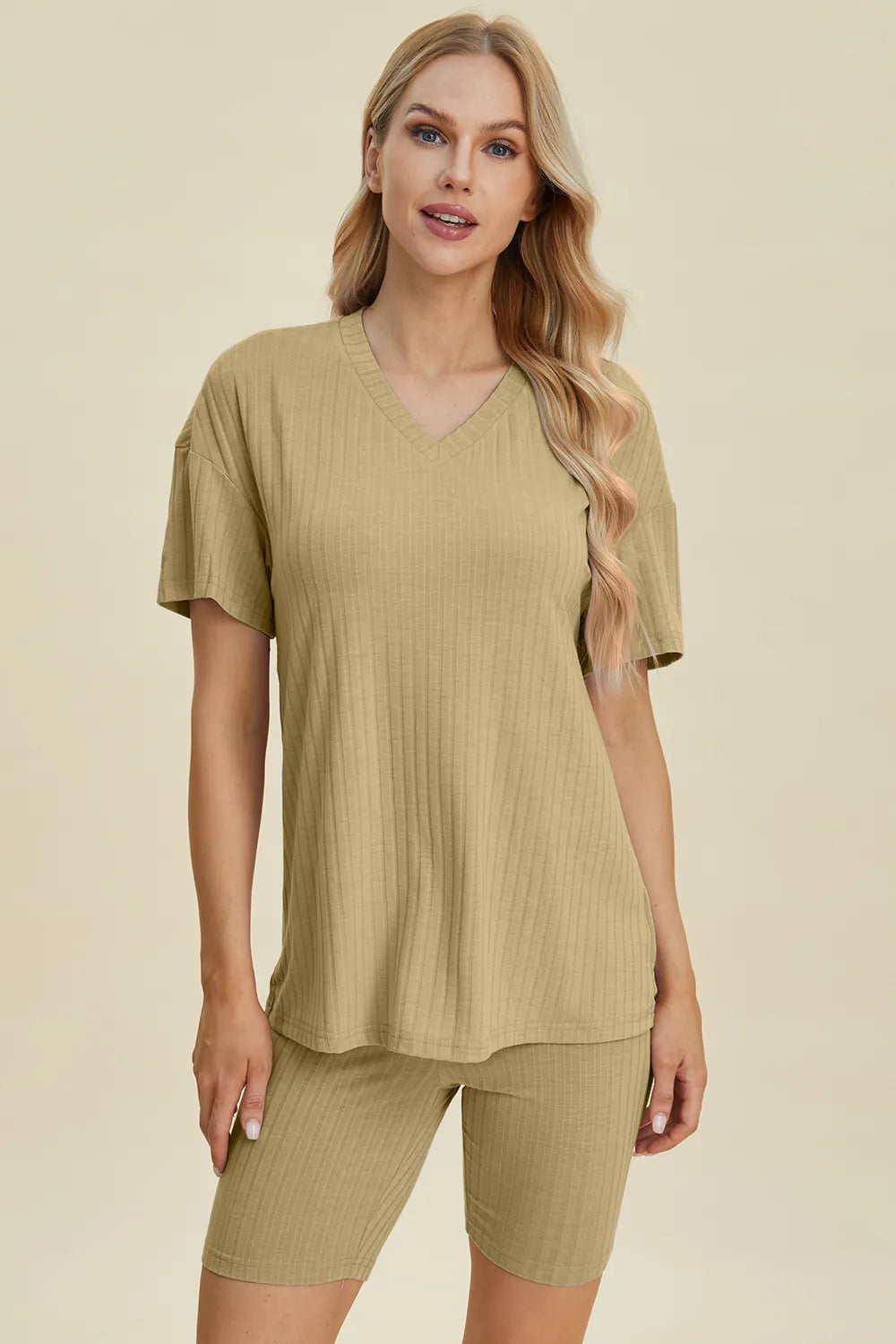 Basic Bae Full Size Ribbed V-Neck Short Sleeve Top and Shorts Set - kinko