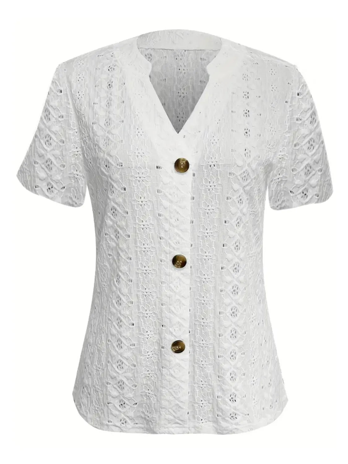 Openwork Notched Short Sleeve Top - kinko