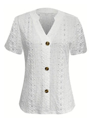 Openwork Notched Short Sleeve Top - kinko