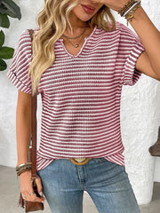 Striped Notched Short Sleeve T-Shirt - kinko