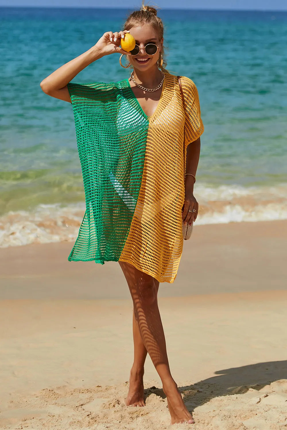 Angel Wings Openwork Contrast Slit Knit Cover Up - kinko