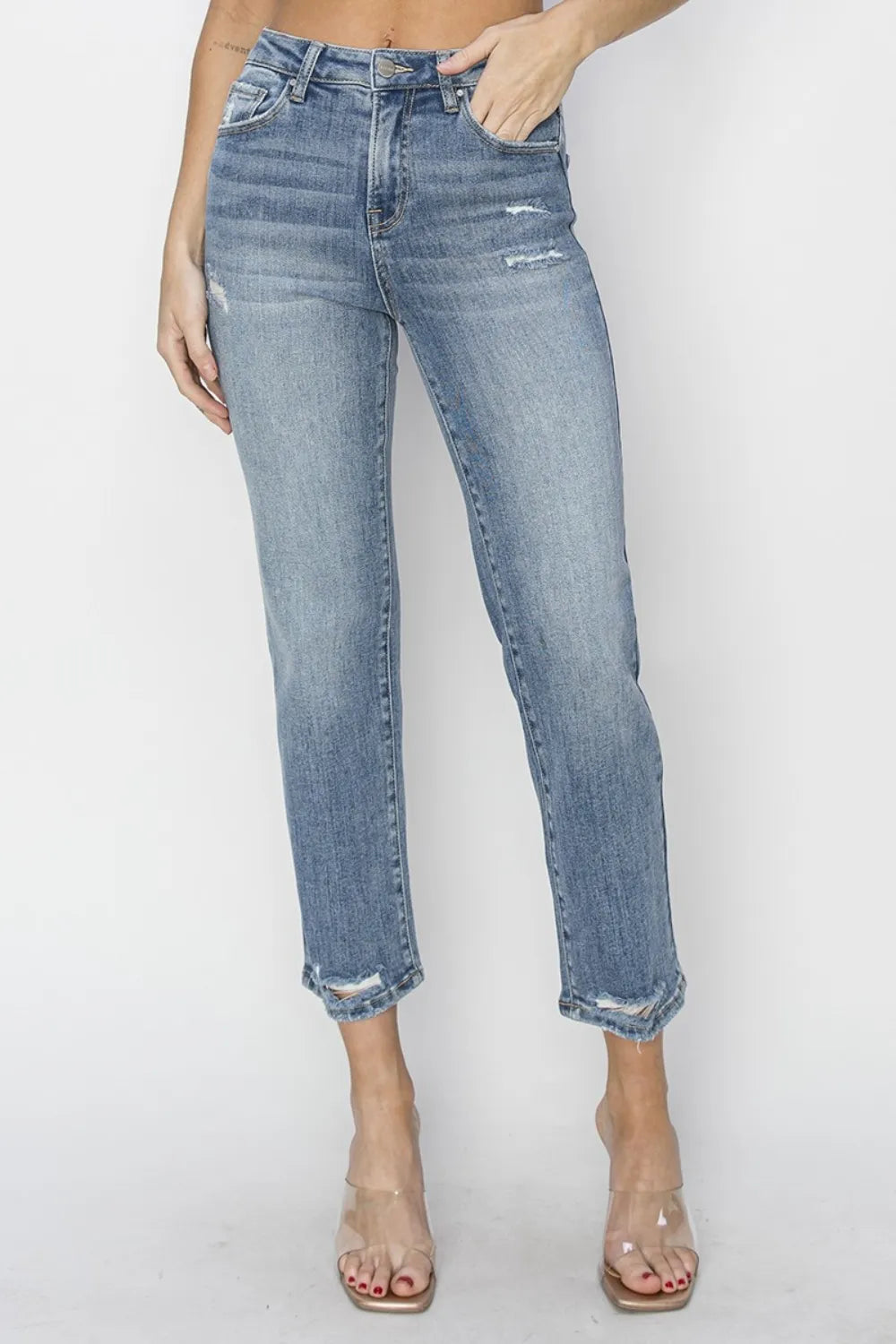 RISEN Full Size High Waist Distressed Cropped Jeans - kinko