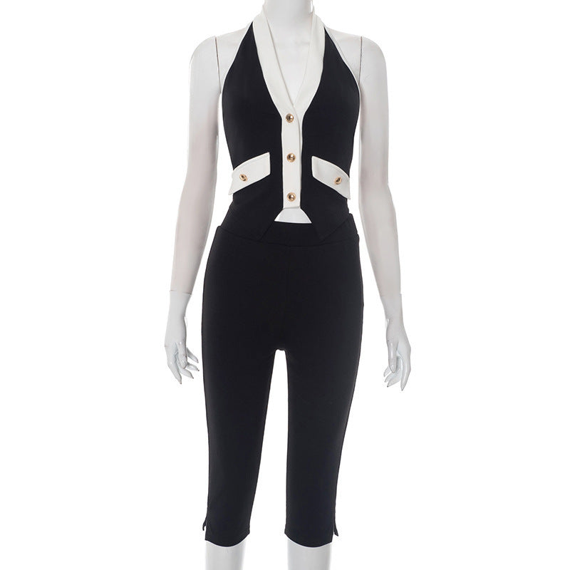 Women's Contrast Color V-neck Gold Button Halter Backless Top Tight Cropped Trousers Suit - kinko