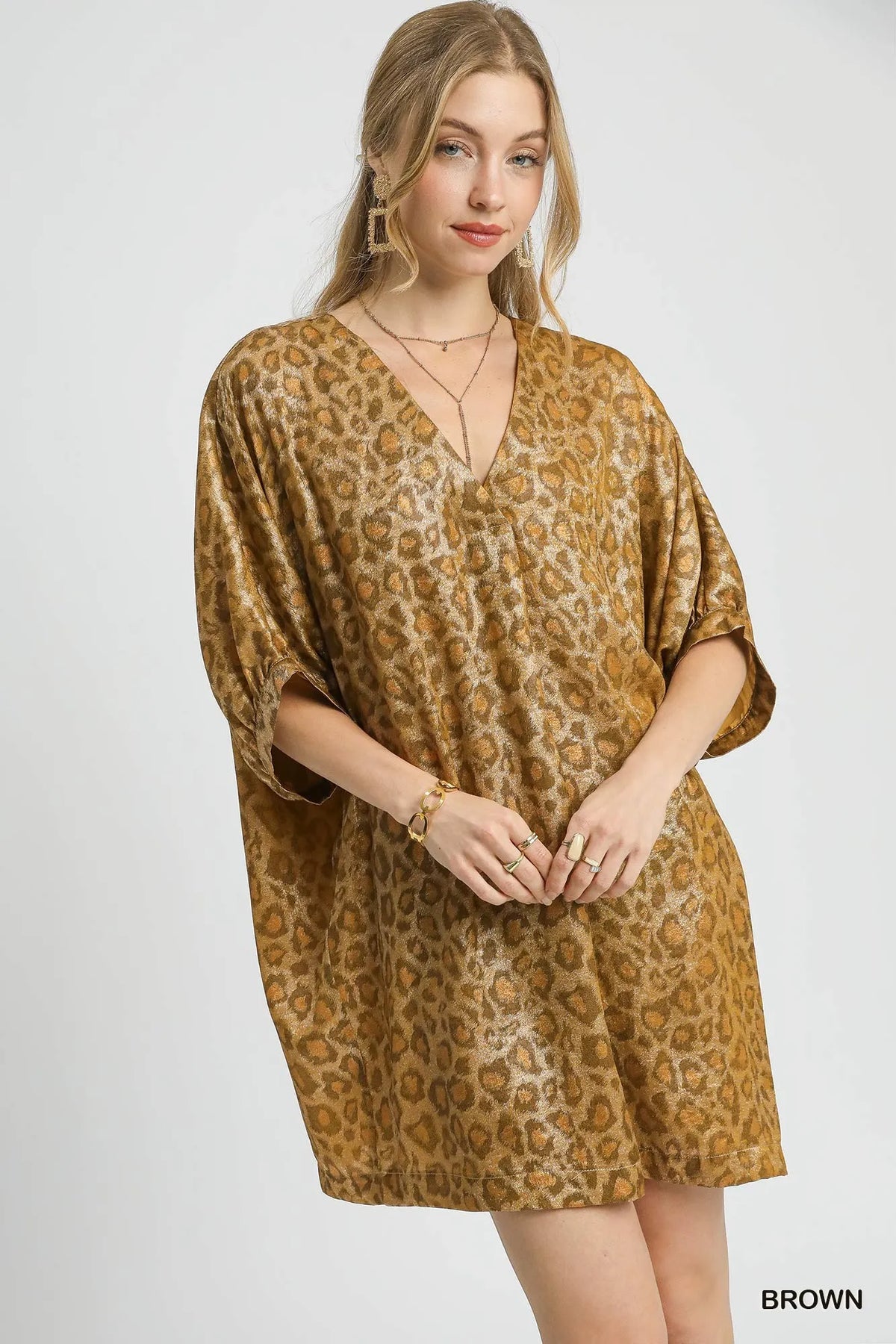 Umgee Metallic Leopard Print V-Neck Kimono Dress - kinko