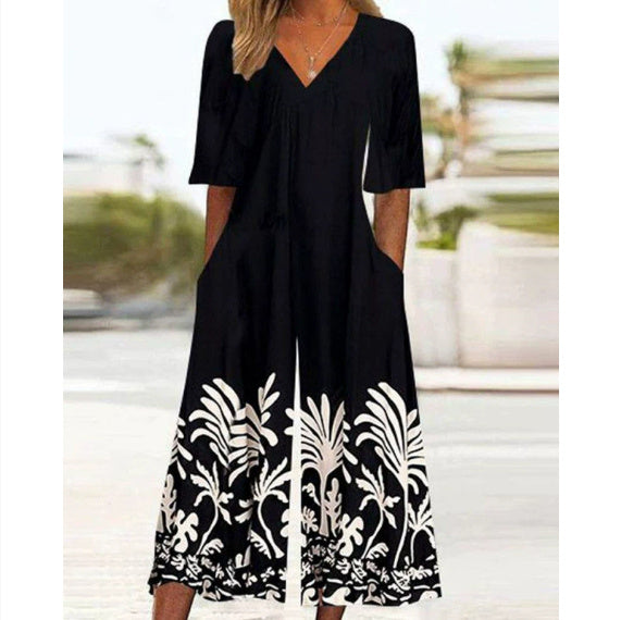 Spring And Summer Print Women's Pocket Collar Jumpsuit - kinko