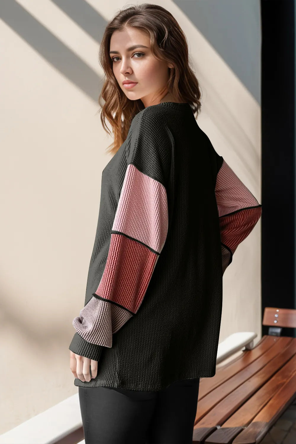 Double Take Full Size Color Block Round Neck Long Sleeve T-Shirt - kinko
