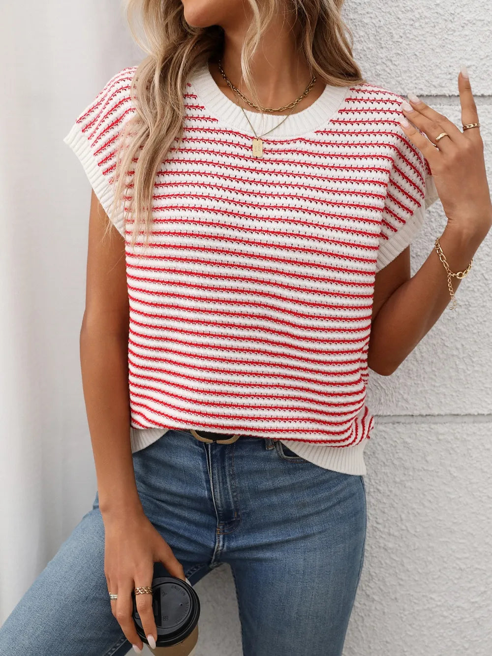 Striped Round Neck Short Sleeve Knit Top - kinko