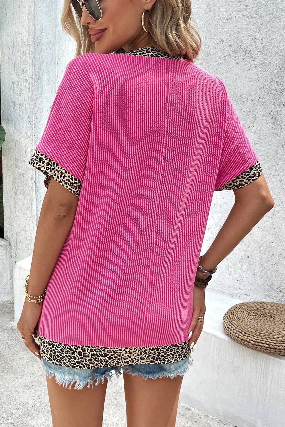 V-Neck Leopard Trim Ribbed Blouse - kinko