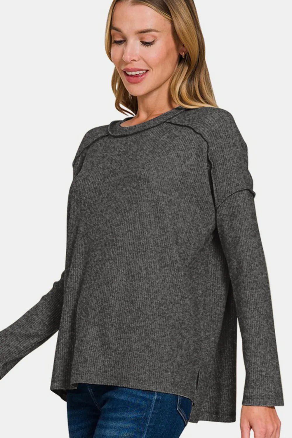 Zenana Full Size Exposed Seam Brushed Round Neck Sweater - kinko