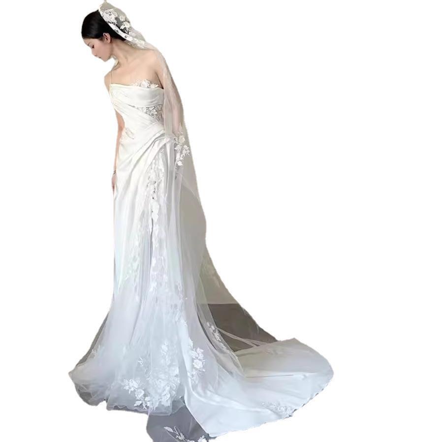 Satin Lace Wedding Veil Tube Top Fishtail Wedding Dress - kinko
