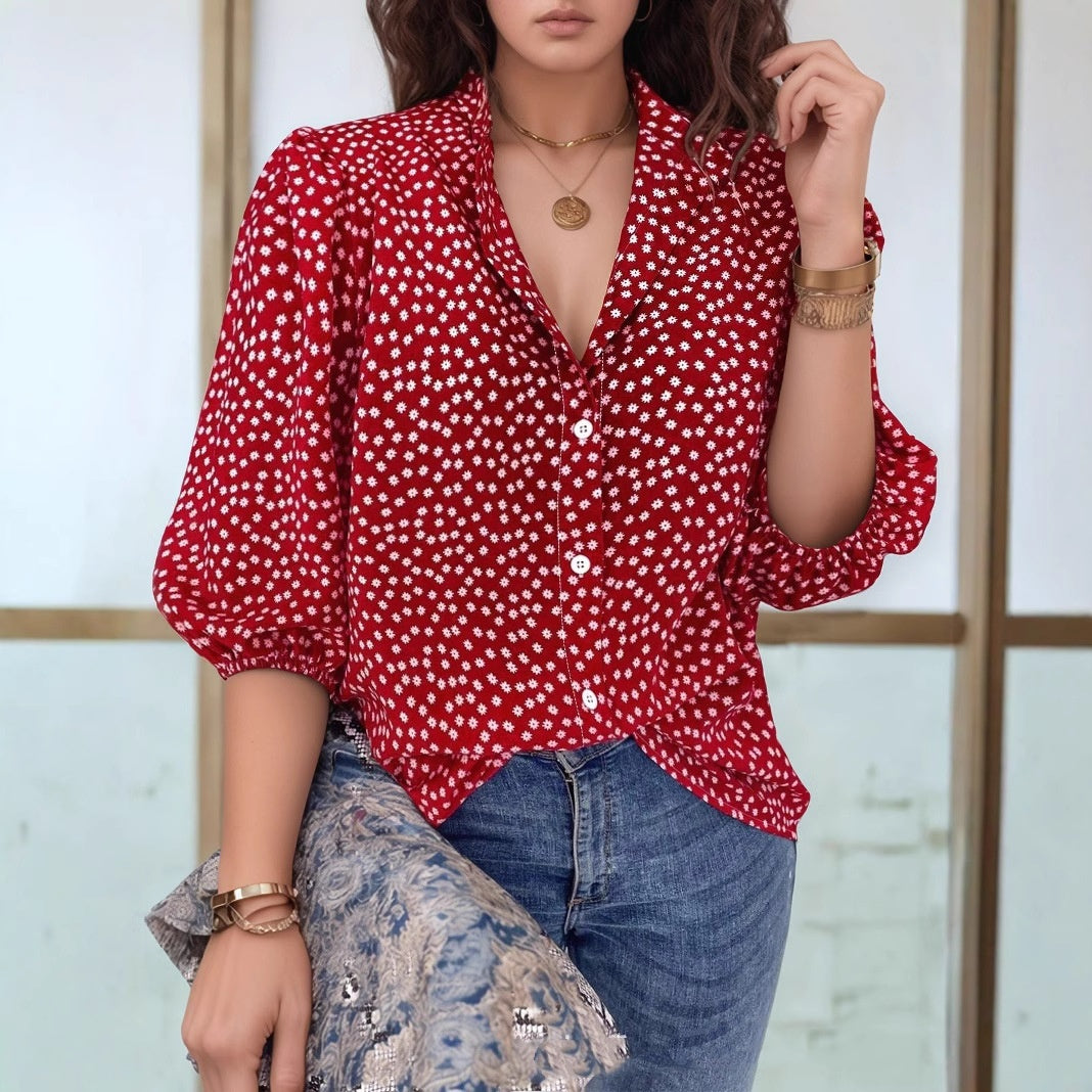 Women's Loose Print Versatile Button Up Shirt - kinko