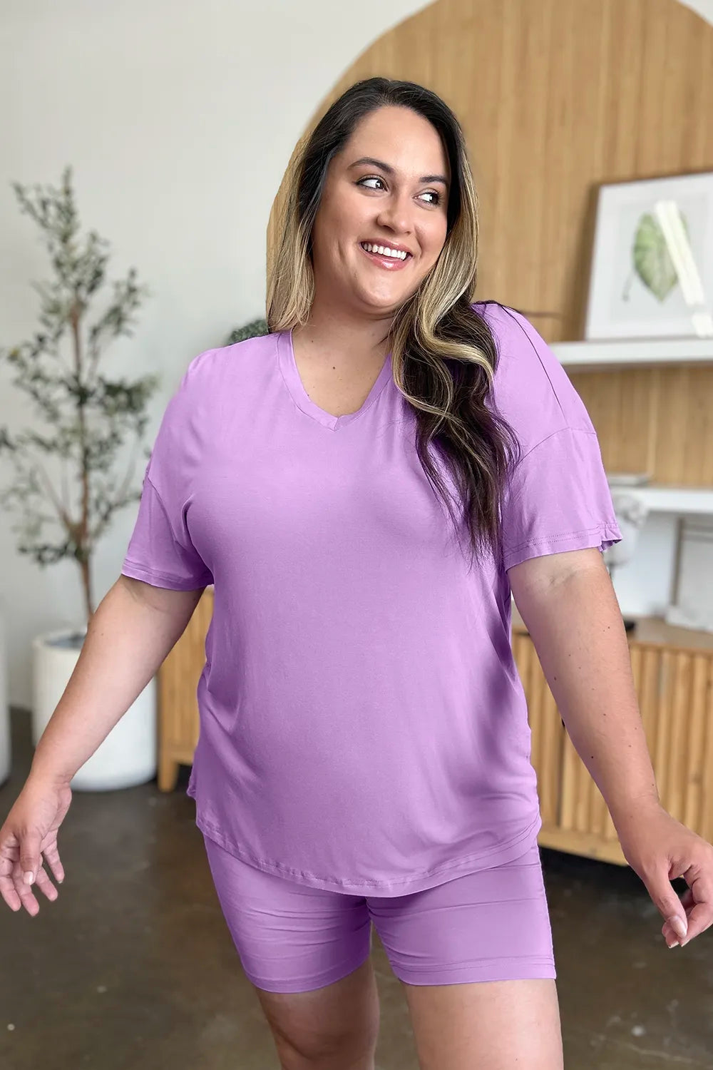 Basic Bae Bamboo Full Size V-Neck Drop Shoulder T-Shirt and Shorts Set - kinko