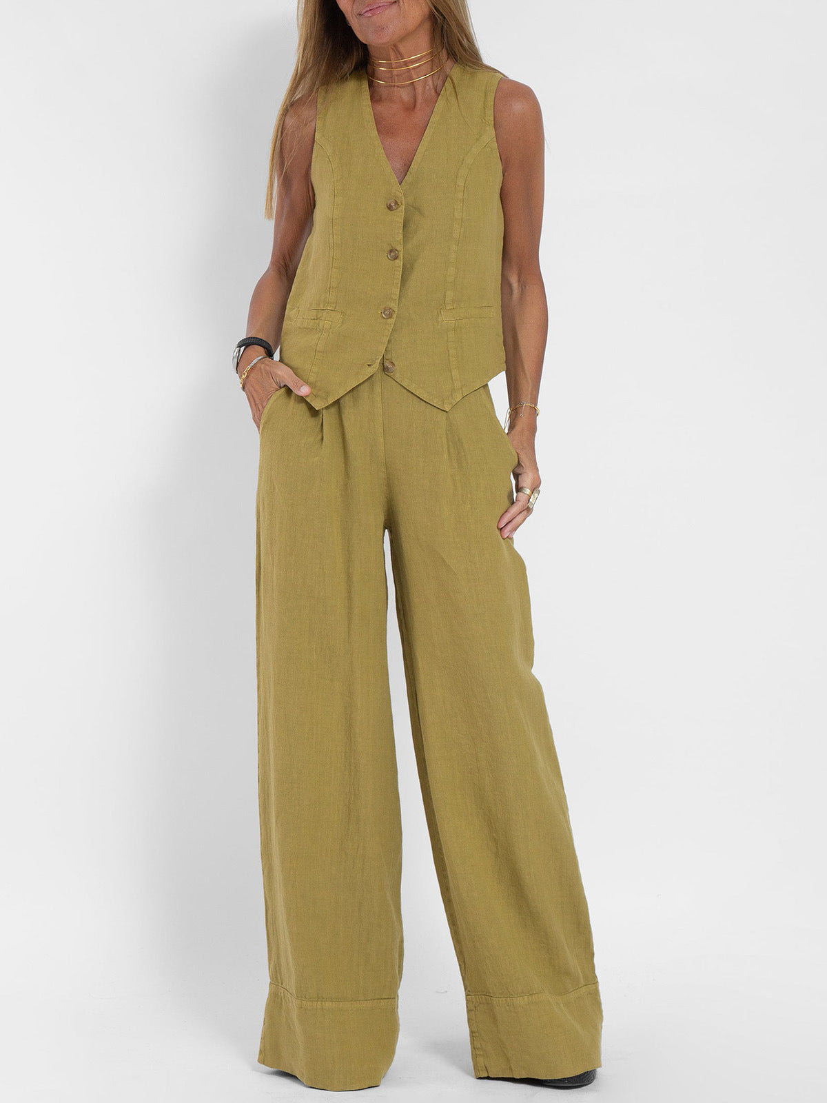 Hot Selling New Trendy Patchwork Vest & Pants Set - Breathable Linen Casual Outfit - kinko