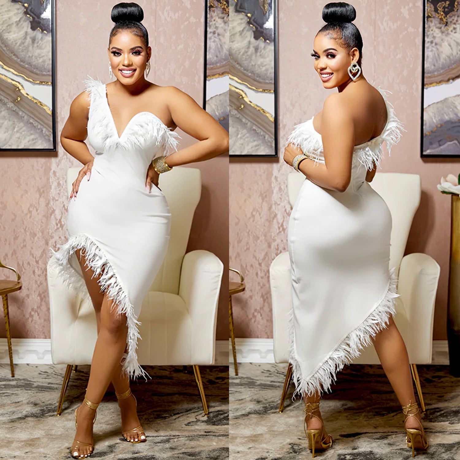 V-neck Sleeveless Chest Feather Irregular Midi Dress - kinko