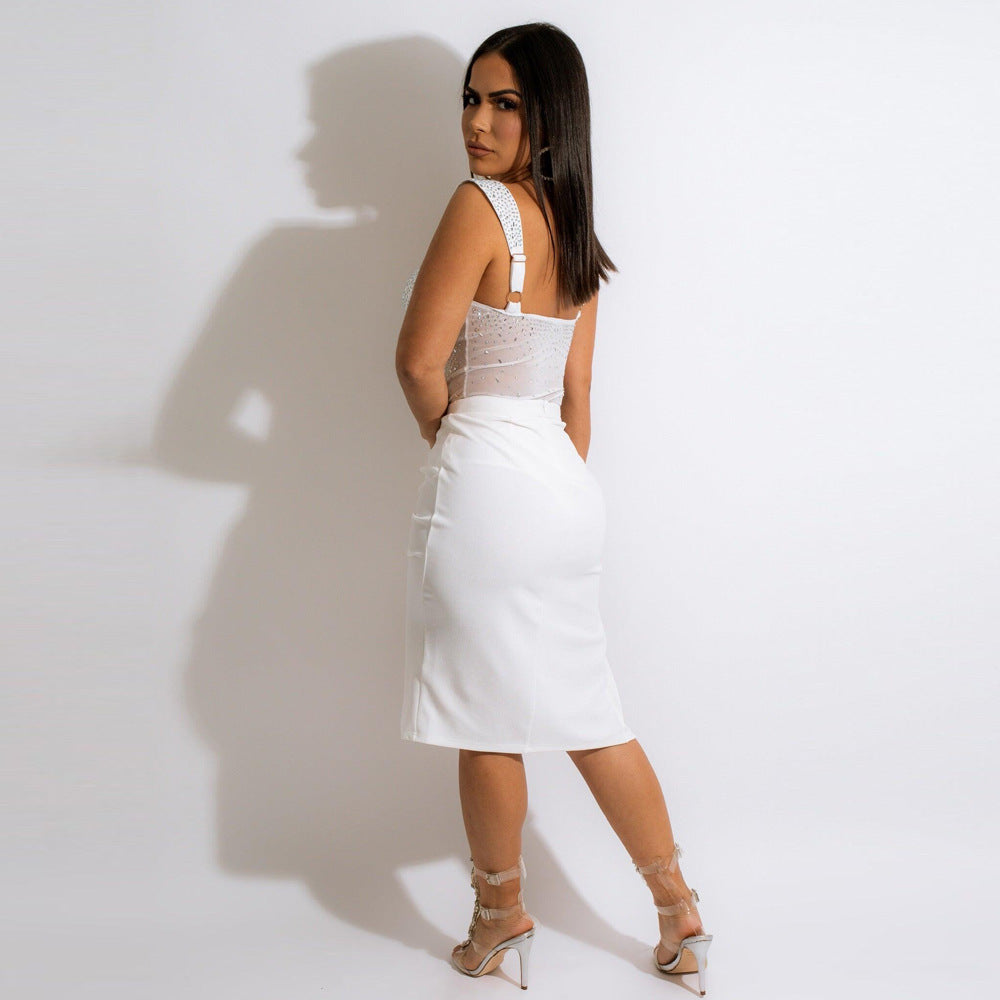 Rhinestone Sling Backless Two-piece Set Two Colors - kinko